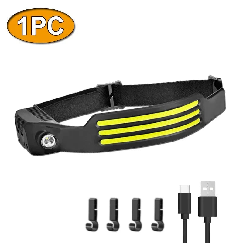 COB LED Headlamp Induction Head Lamp Built-in Battery USB Rechargeable Head Flashlight Outdoor Camping Fishing Sensor Headlight