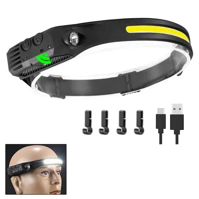COB LED Headlamp Induction Head Lamp Built-in Battery USB Rechargeable Head Flashlight Outdoor Camping Fishing Sensor Headlight